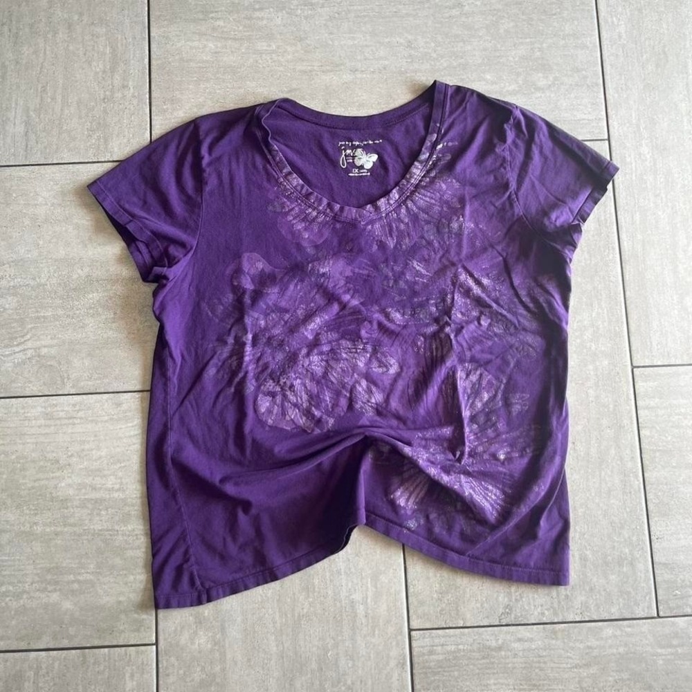 JMS Just My Style Purple Silver Metallic Floral Graphic Scoop Neck T-Shirt 1X